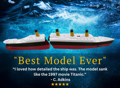 Full view of the submersible Starlight Edition Titanic Model with a testimonial.