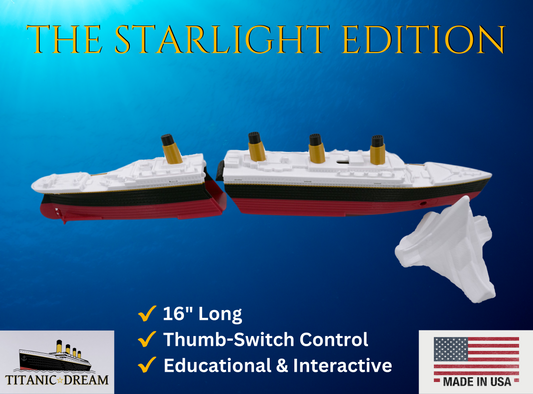Full view of the submersible Starlight Edition Titanic Model with iceberg and helpful information about the model.