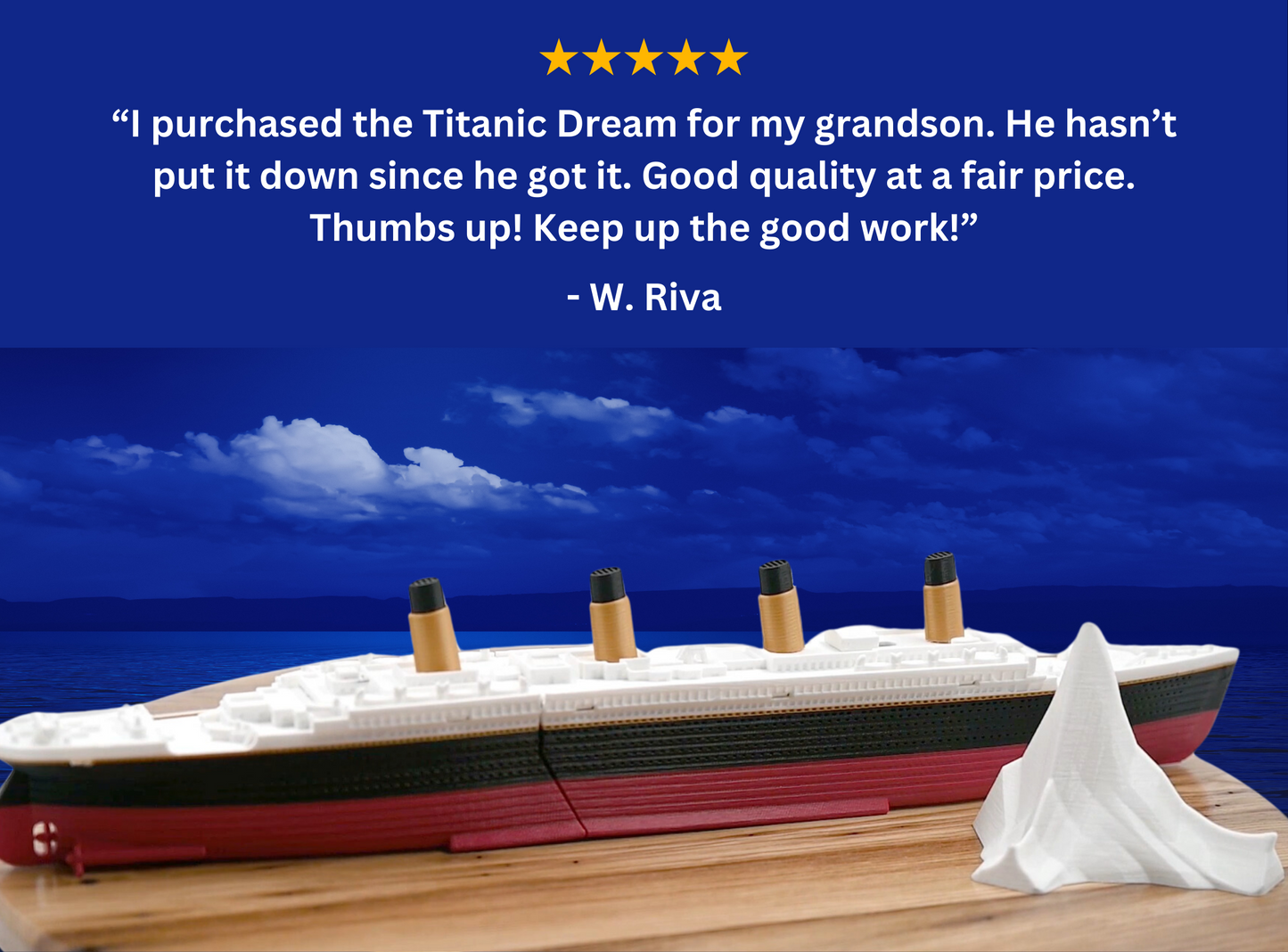 Full view of the submersible Starlight Edition Titanic Model with iceberg and with a testimonial.