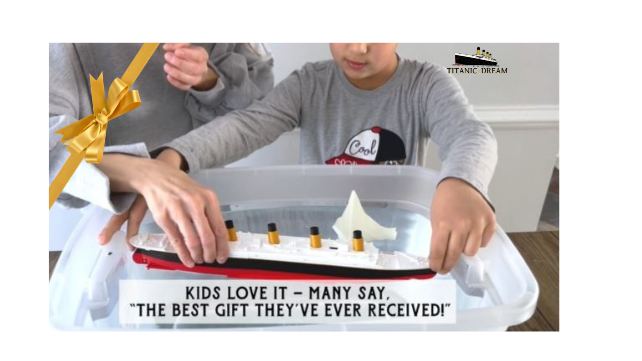 mother and son interacting with Titanic model set, unboxing, learning, and sinking Titanic in water